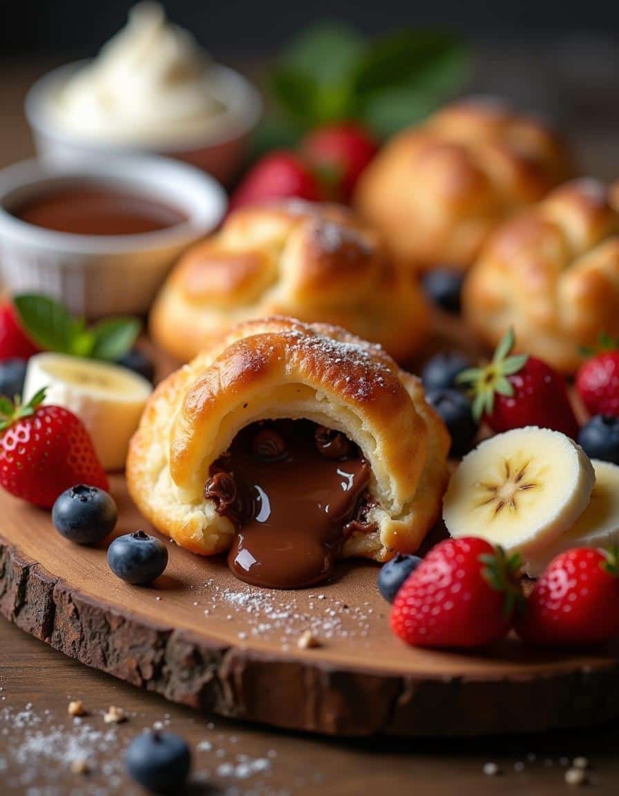 Nutella pastry puffs served elegantly on a platter with berries and cream.