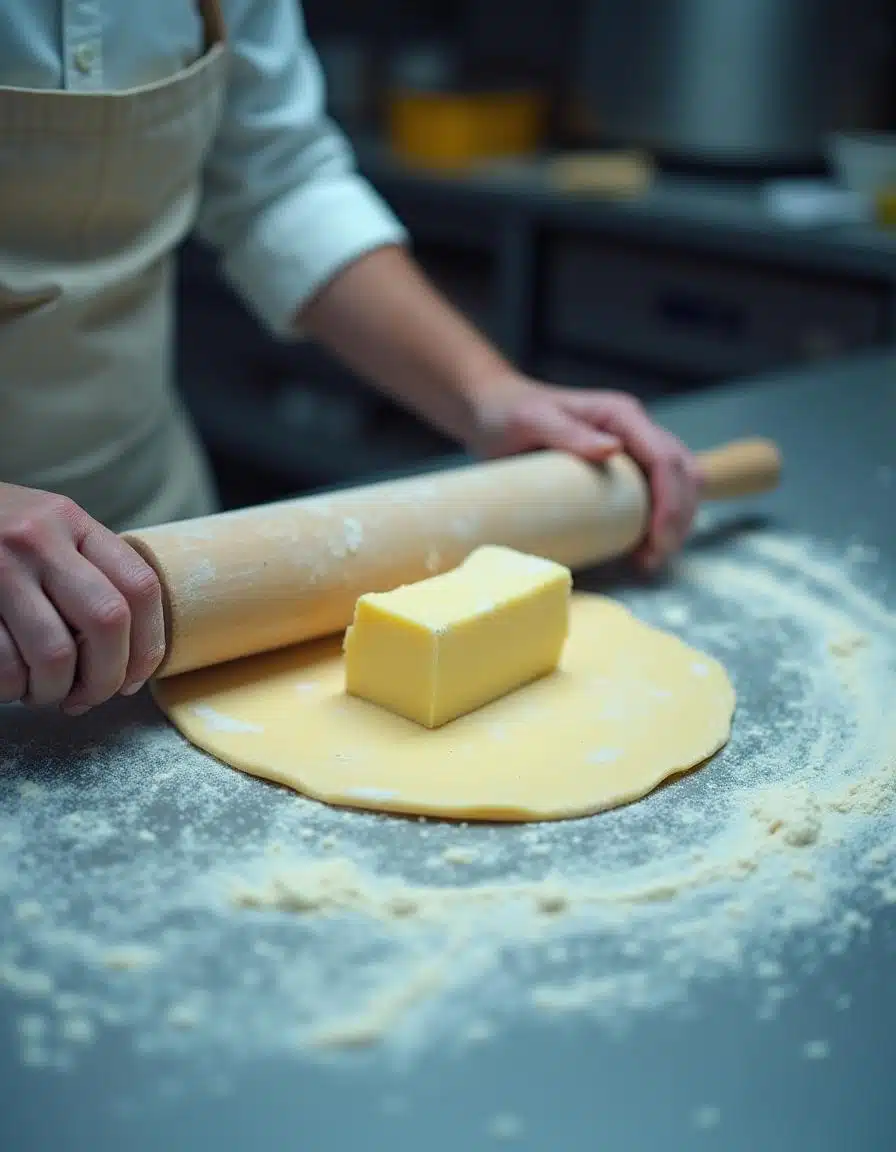 Baker rolling out laminated dough with butter on a flour-dusted counter using a wooden rolling pin.