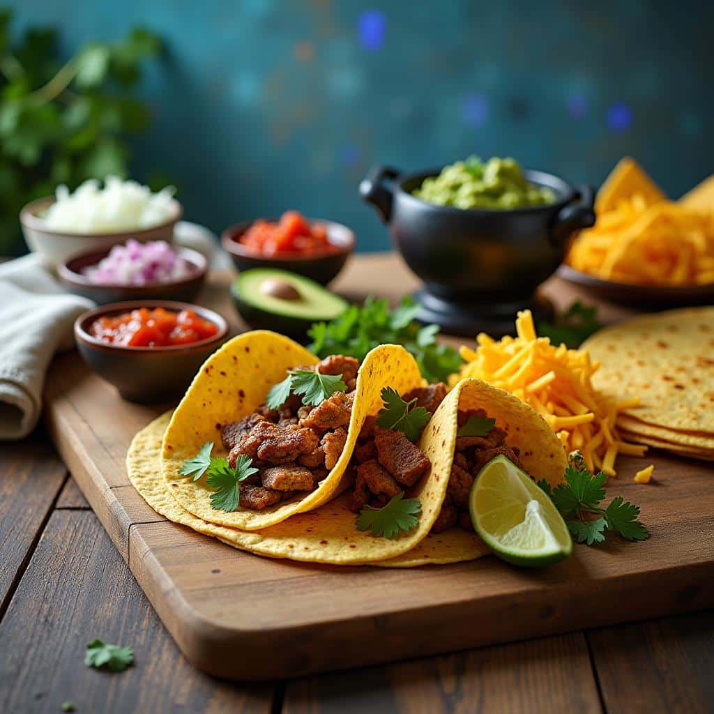 Key taco ingredients displayed on a wooden countertop: fresh corn and flour tortillas, grilled meat, diced onions, cilantro, lime wedges, vibrant red and green salsas, shredded cheese, and crispy taco shells with a molcajete of guacamole.