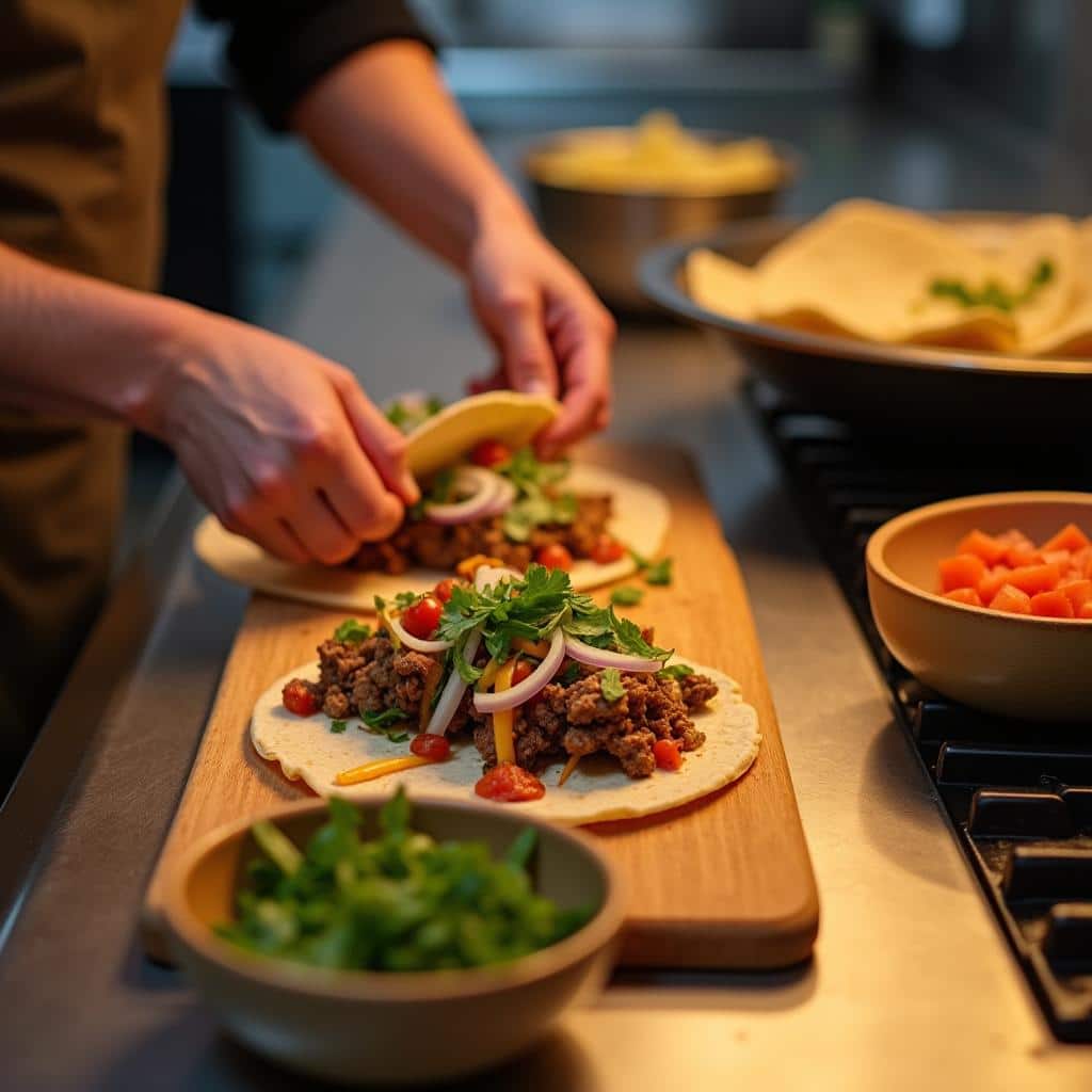 Hands assembling tacos on a kitchen counter, placing grilled meat, onions, cilantro, and salsa on a soft tortilla while filling a crispy taco shell with ground beef and cheese. Surrounding bowls hold fresh toppings and a comal with warm tortillas