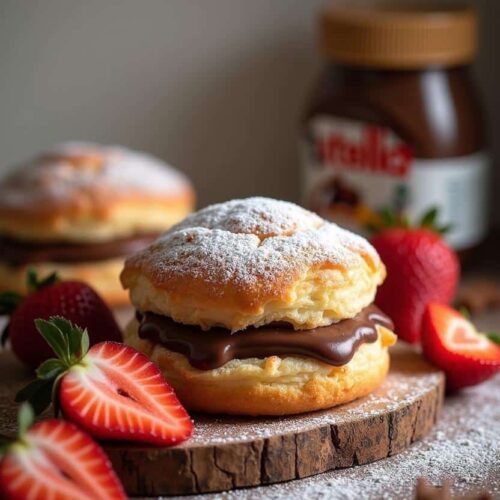 A beautifully baked Nutella pastry puff on a wooden board, sprinkled with powdered sugar and paired with fresh strawberries.