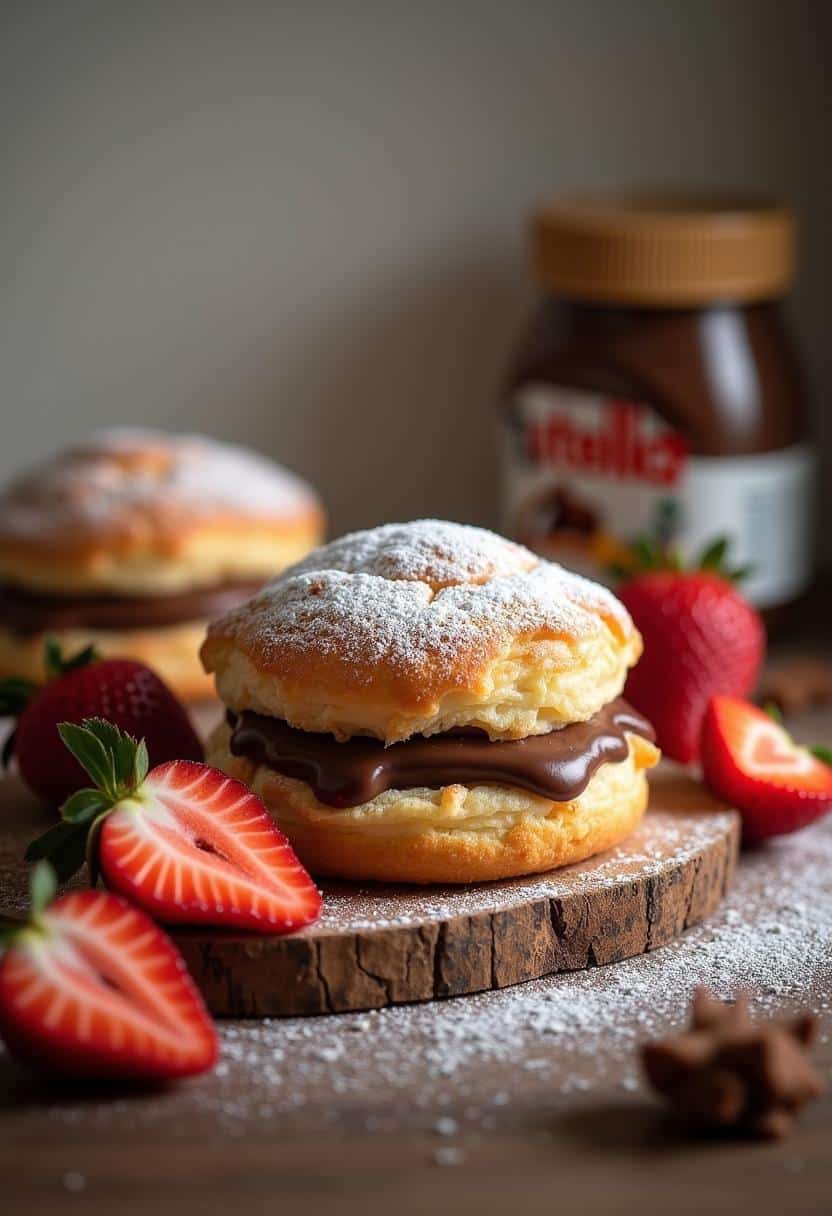 Close up of golden brown Nutella pastry puffs dusted with powdered sugar.