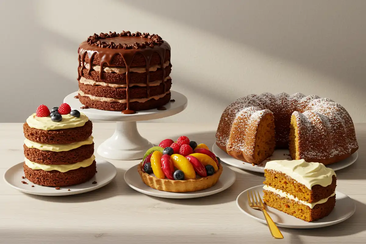 a group of cakes on plates, A range of cakes