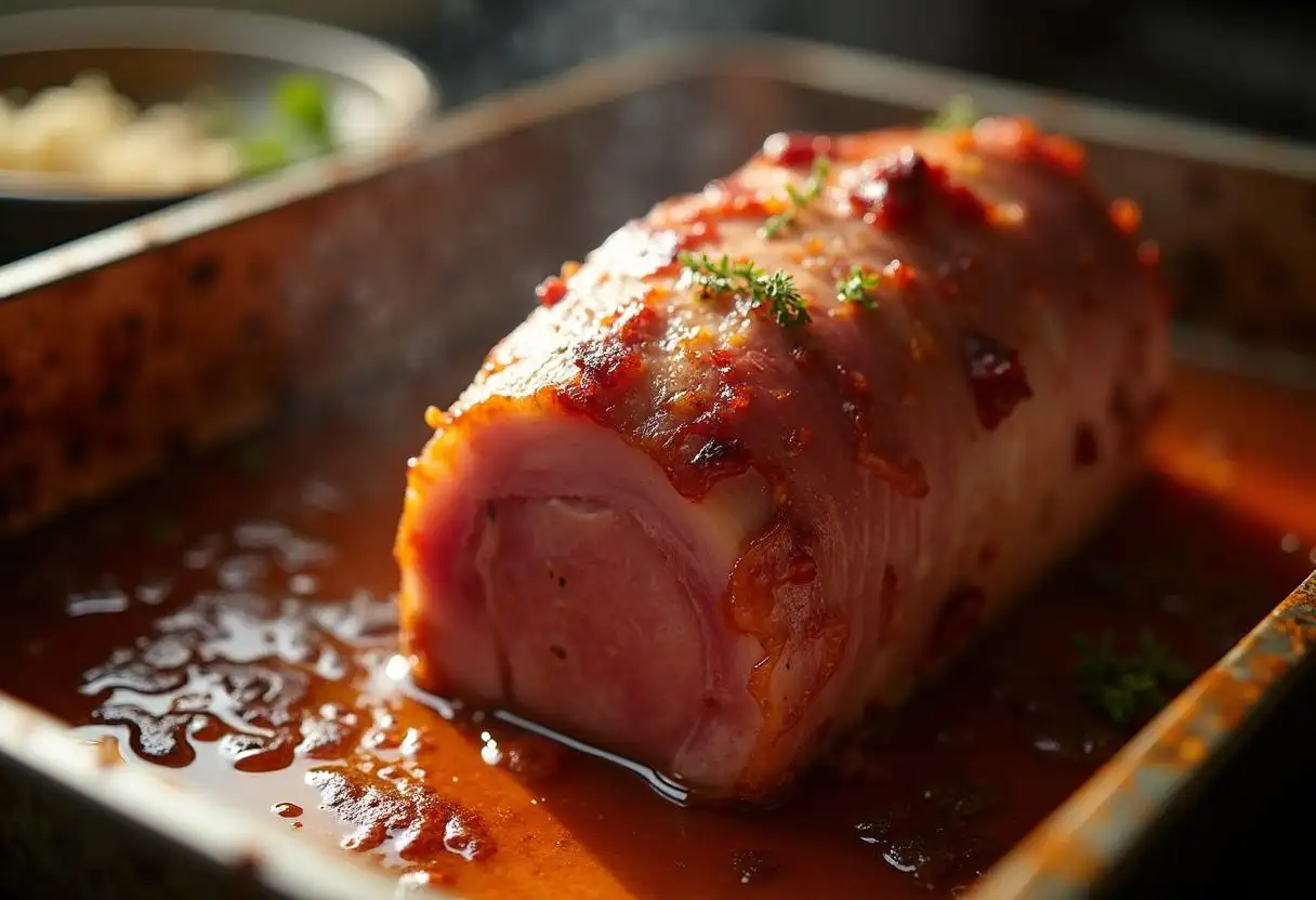Basting gammon with pan juices