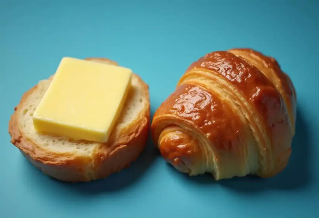 Comparison of a buttery (rowie) and a croissant.