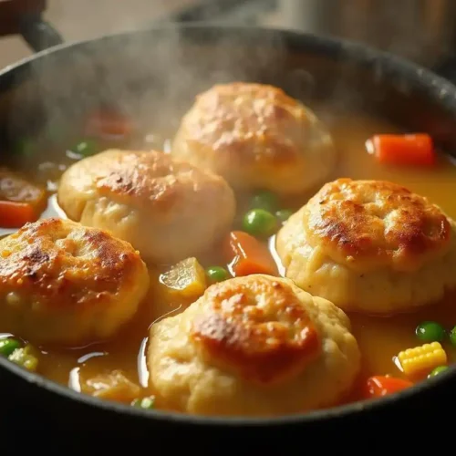 Atora suet dumplings cooking on top of a stew.