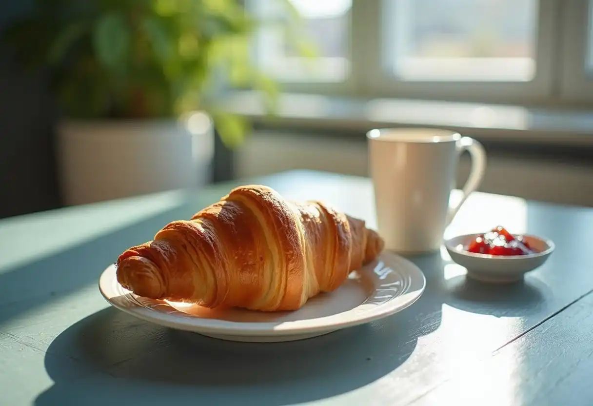A breakfast scene with a croissant, coffee, and jam