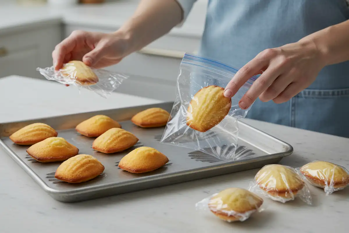 Hands wrapping individual madeleines and placing them in a freezer bag for flash-freezing, with a focus on a baking sheet full of madeleines in a cool-toned kitchen.