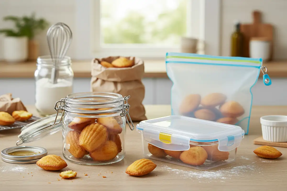 A variety of airtight containers including a glass jar, plastic container, and silicone bag filled with madeleines, emphasizing proper storage techniques in a well-lit kitchen setting
