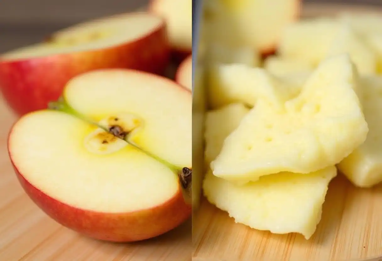 Peeled and unpeeled apples side by side.