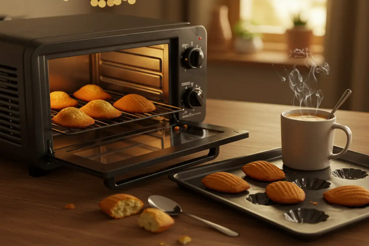 Madeleines being re-crisped in a toaster oven and resting on a baking sheet beside a steaming mug of coffee, emphasizing methods for reviving stale madeleines in a cozy kitchen setting