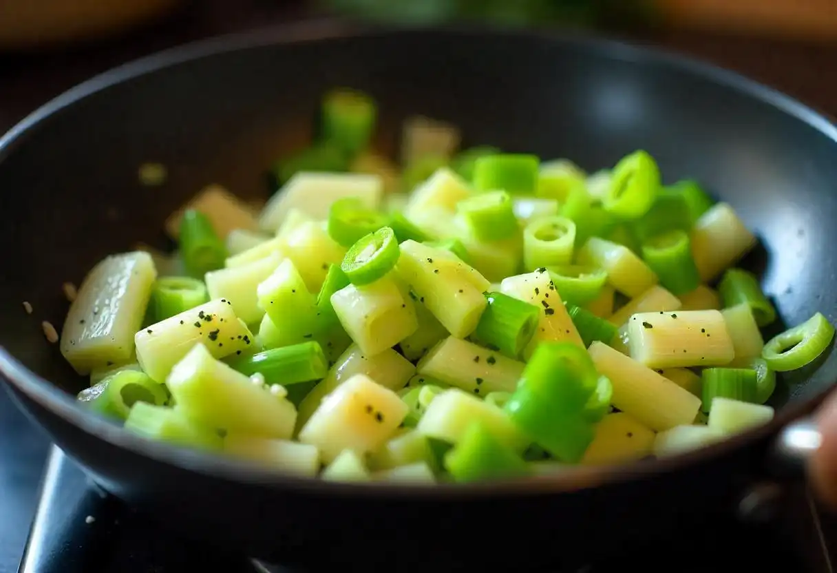 Leeks cooking in a pan with butter, garlic and herbs