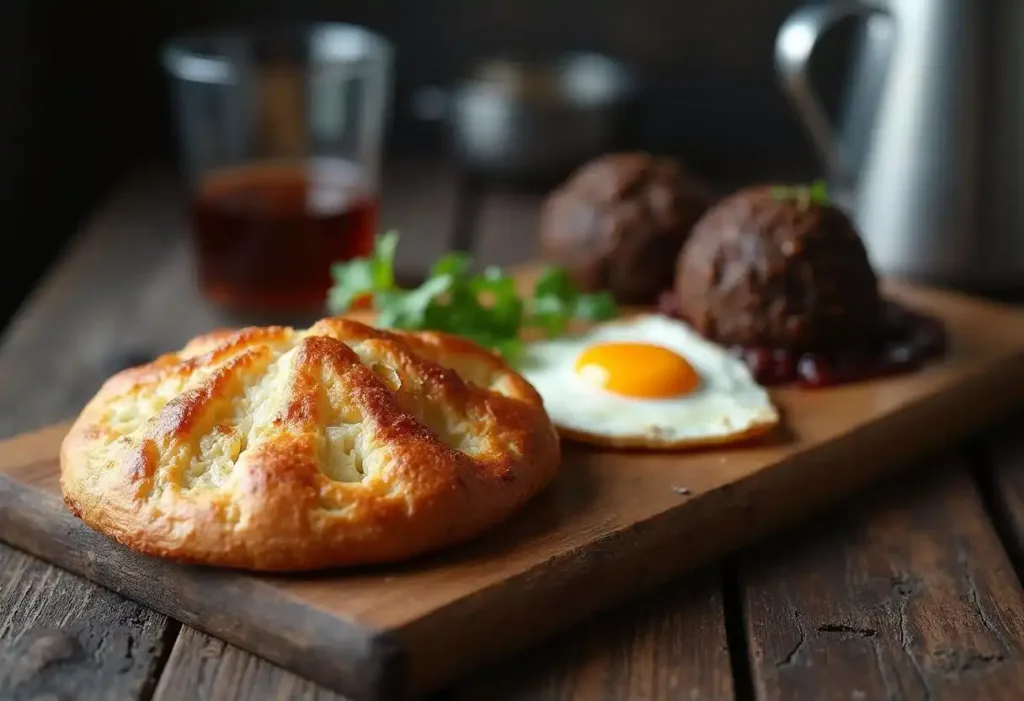 Traditional Scottish breakfast with a buttery (rowie).