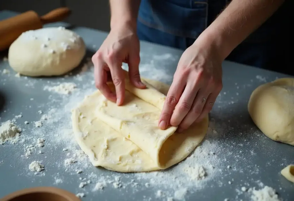 Hands shaping a Gipfeli from dough