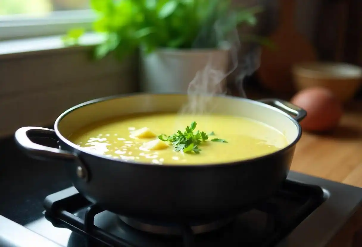 Leek and potato soup simmers on the stove