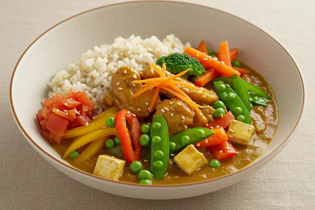 A balanced bowl of Japanese curry: Showing lean protein, colorful vegetables, and brown rice that the user asked "What is Japanese curry healthy or unhealthy