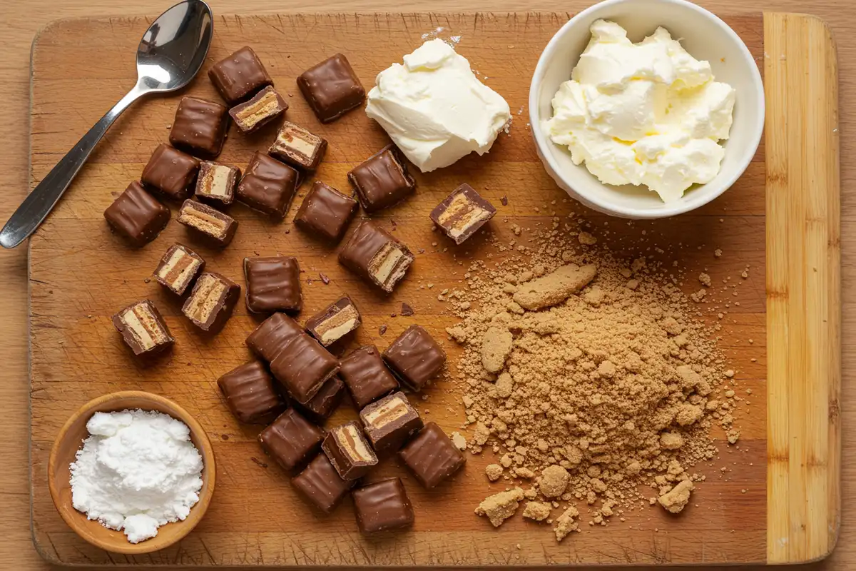 A relaxed, amateur-style photo showing the ingredients for Aero Bar Cheesecake laid out on a kitchen counter, with a half-assembled cheesecake in the background.