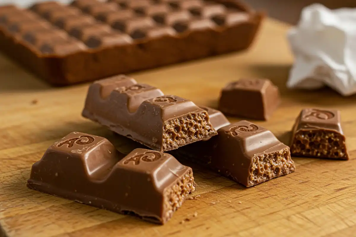 Aero chocolate close-up: Bubbly texture defines this key ingredient in the homemade ""aero cheesecake recipe"", show two""aero cheesecake recipe"". bars for that great touch!