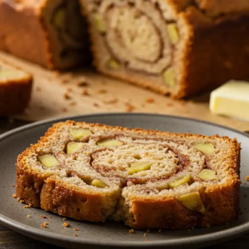 A slice of Country Apple Fritter Bread showing swirls and apples.