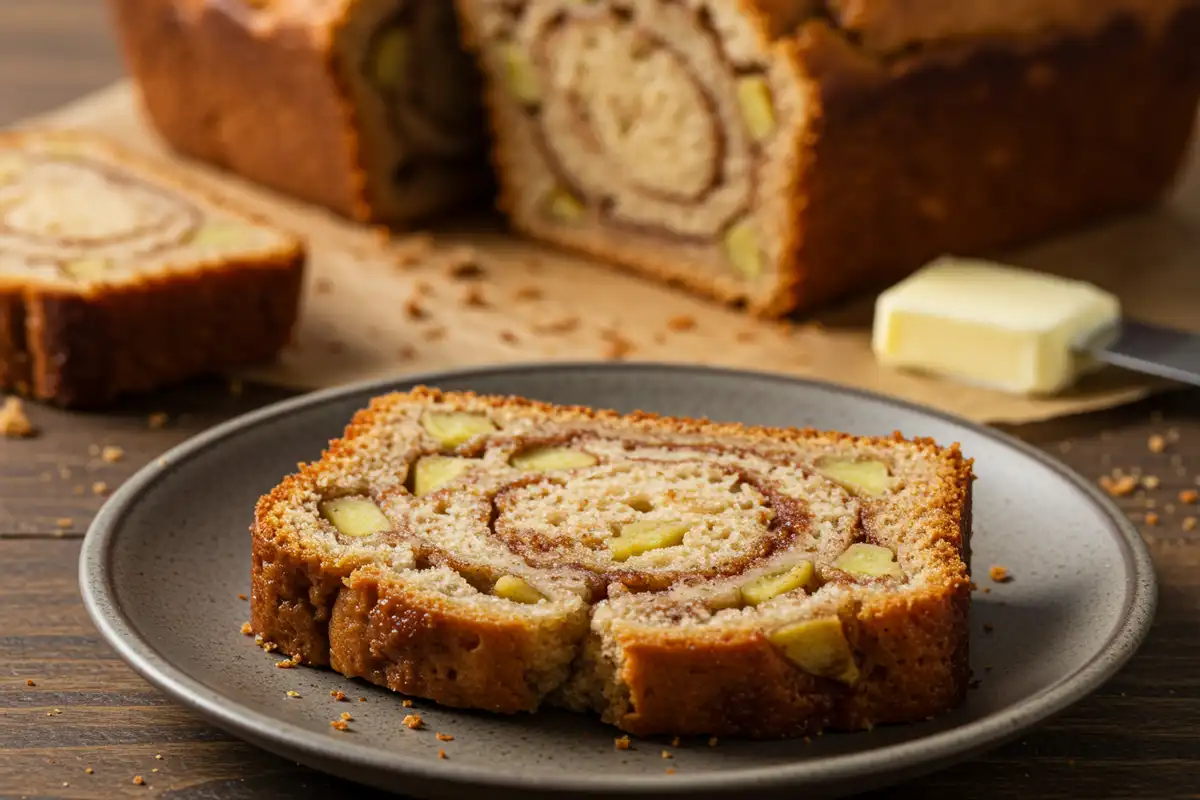 A slice of Country Apple Fritter Bread showing swirls and apples.