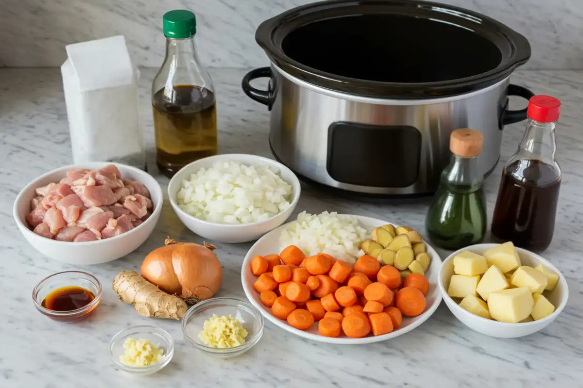 Ingredients for crock pot japanese curry: Chicken, vegetables, curry roux, and broth, showcasing a quick ""crock pot japanese curry"" recipe