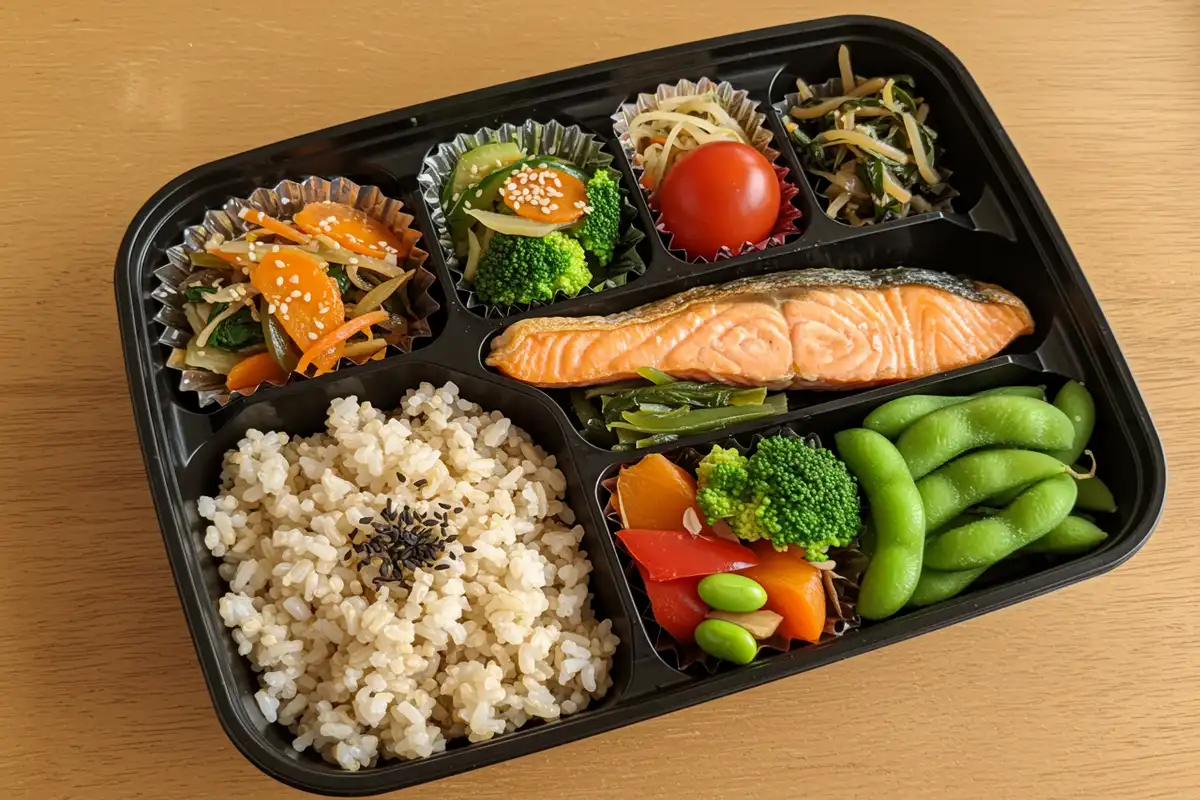 A healthy Japanese bento box: Providing a balanced and nutritious meal on the go. Giving the viewer the choice of ""Is Japanese food healthy or unhealthy?