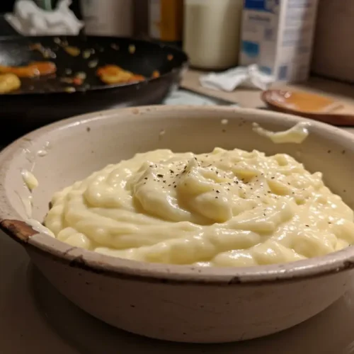 A bowl of creamy bread sauce sits in a cluttered kitchen, with a smear of milk on the counter and a dirty skillet in the background.