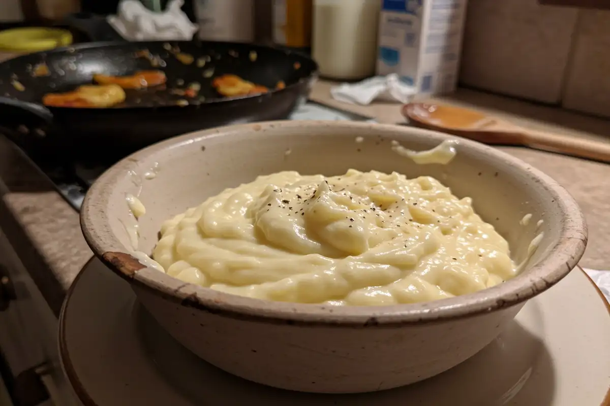 A bowl of creamy bread sauce sits in a cluttered kitchen, with a smear of milk on the counter and a dirty skillet in the background.