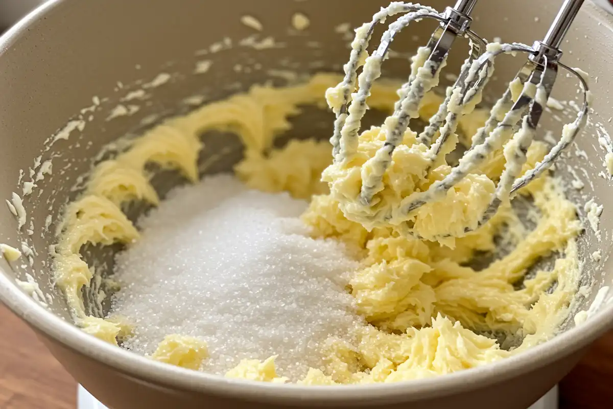 A close-up, slightly blurry image showing the creaming process for Slap Ya Momma Pound Cake, focusing on the light and fluffy texture of the butter and sugar mixture in a mixing bowl.