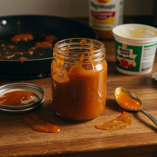 A jar of homemade campfire sauce sits on a cluttered kitchen counter, surrounded by cooking utensils and discarded ingredients.