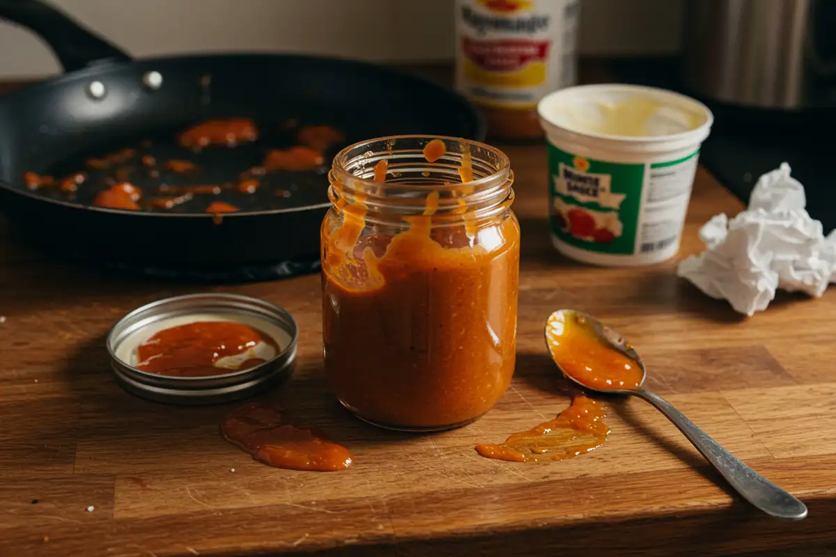 A jar of homemade campfire sauce sits on a cluttered kitchen counter, surrounded by cooking utensils and discarded ingredients.