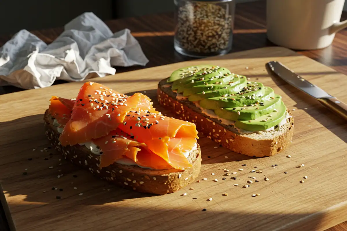 Fresh bagel with cream cheese and smoked salmon (lox) on a worn wooden cutting board