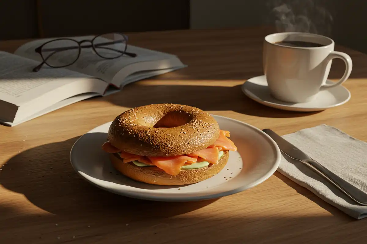 iPhone photo of smoked salmon bagel on a table with casual dining elements. Homemade smoked salmon bagel