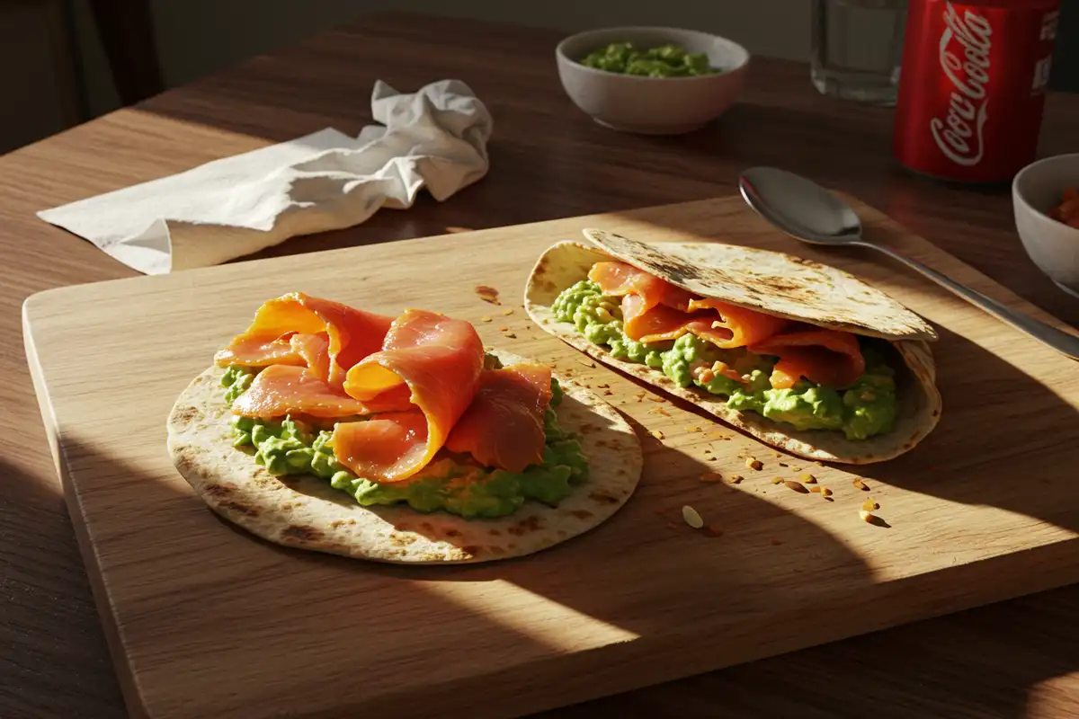 Homemade smoked salmon and avocado toast on a wooden cutting board with soft, warm lighting.