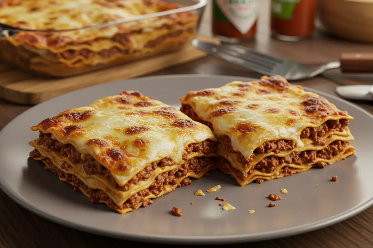 Two slices of cheesy Ronzoni Lasagna on a plate.