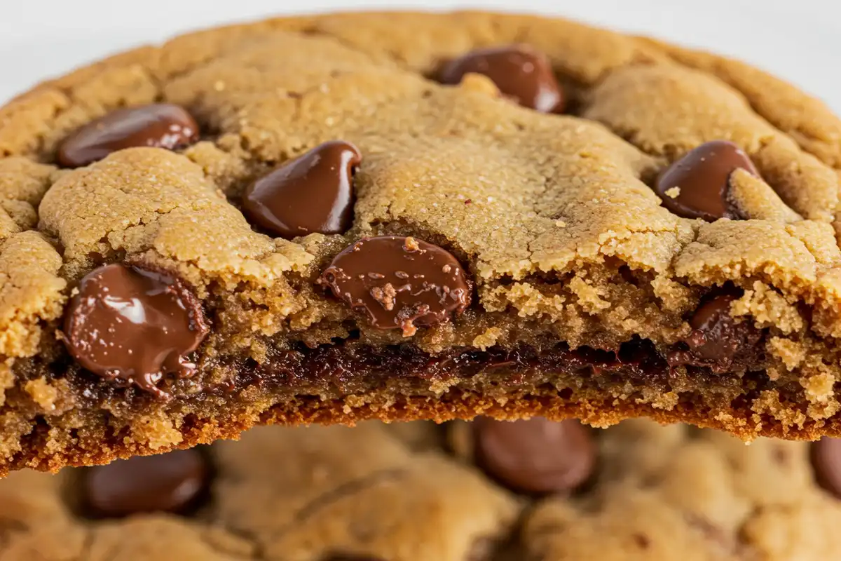 Zoomed-in broken interior of Subway-style cookie, showcasing gooey texture and chocolate chip galaxy, illustrating "What makes Subway cookies so good?" for home bakers