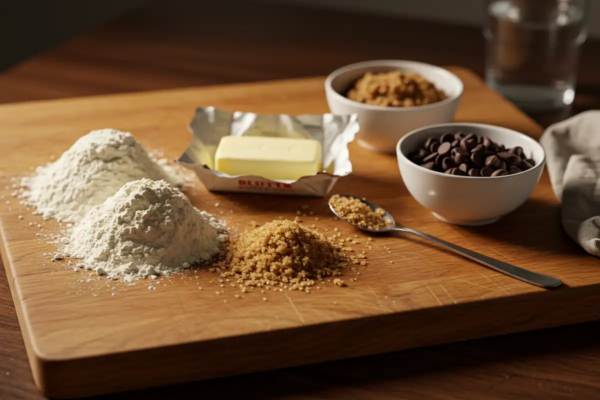 Amateur-style iPhone XR photo of Subway footlong cookie ingredients on a wooden cutting board with soft, warm lighting, showcasing flour, butter, sugar, and chocolate chips in a relaxed setting