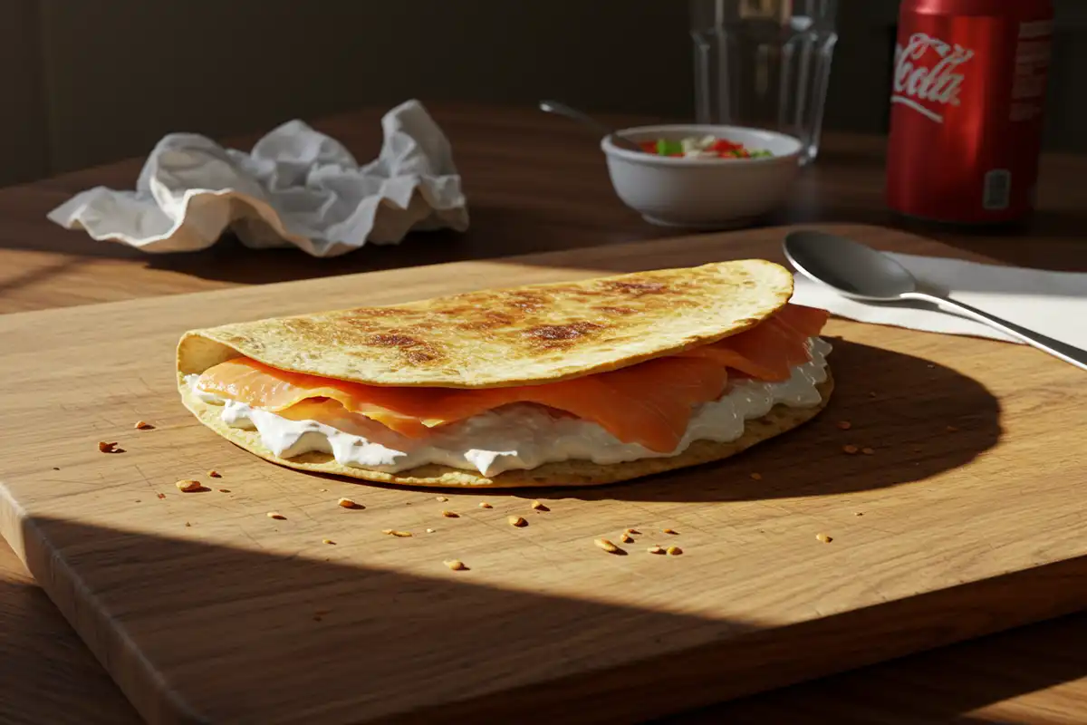 Amateur iPhone photo of a delicious smoked salmon bagel with cream cheese on a worn wooden cutting board. Best smoked salmon bagel recipe.