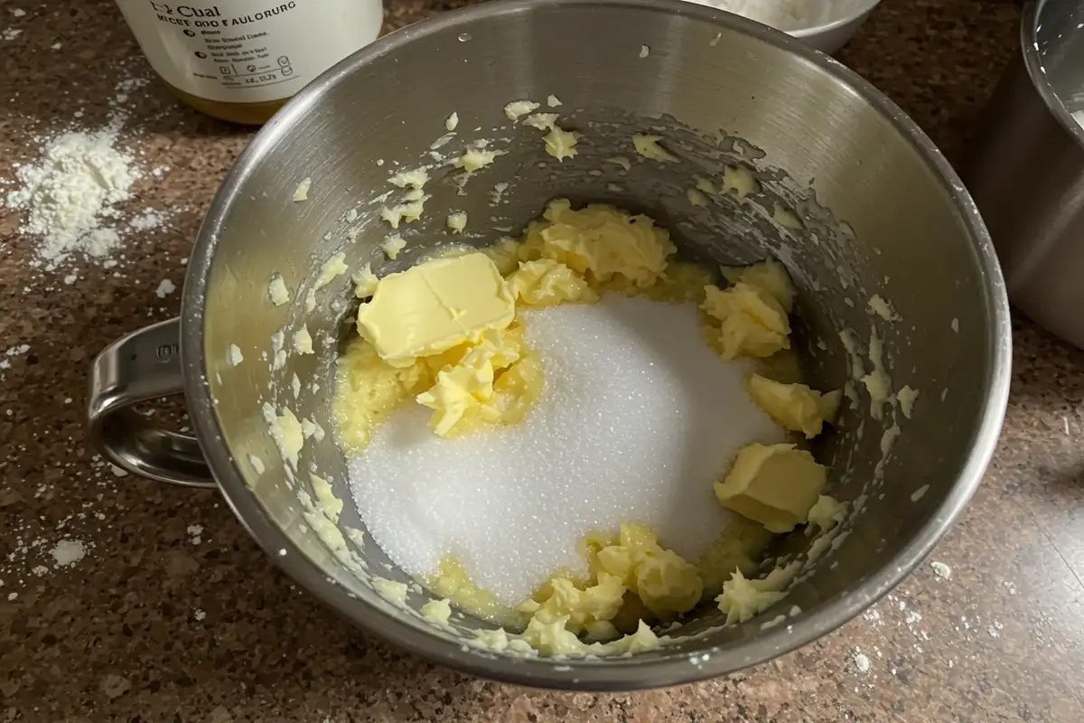 Butter and sugar are being creamed in a mixing bowl.