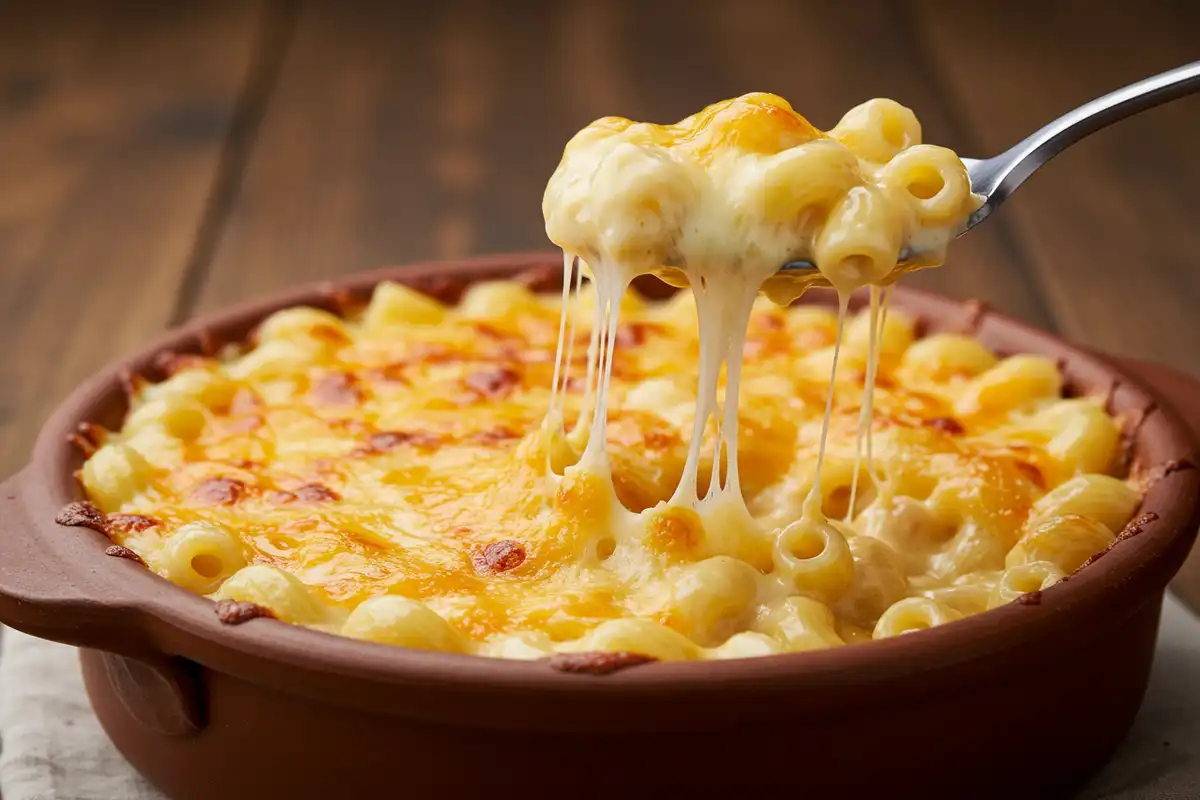 Close-up of Tini's mac and cheese showing the creamy cheese pull and homemade texture, related to "tinis mac and cheese recipe