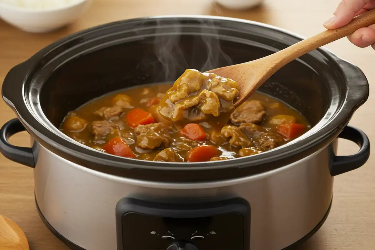 Crock pot simmering japanese curry: Allowing the flavors to meld and deepen with no effort thanks to ""crock pot japanese curry