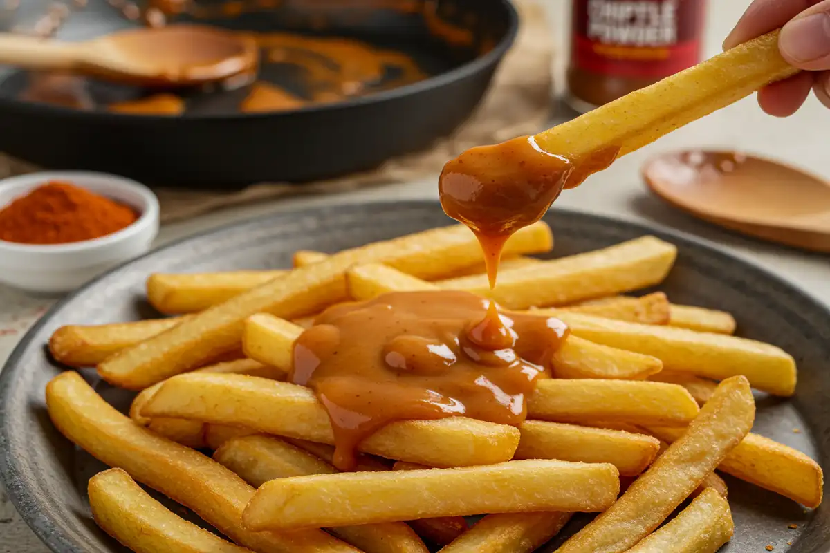 A fry is being dipped into a bowl of homemade campfire sauce, surrounded by other fries on a plate.