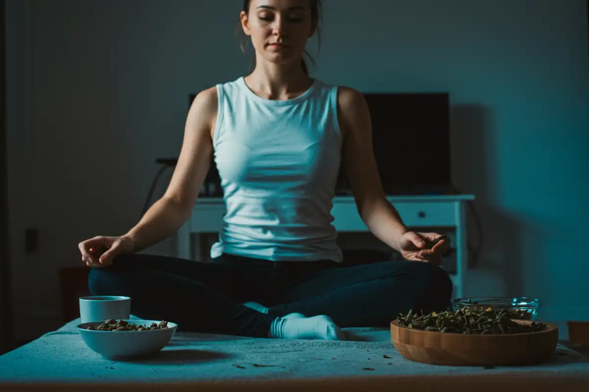 Photo showcasing, easy at home meditations that lead to a great gut and health. “How do you make lemon balm for a flat stomach” and real people