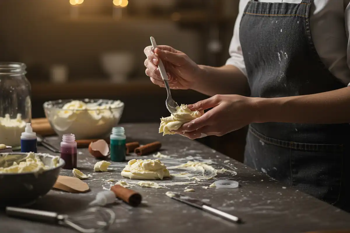 A baker tints frosting with food coloring for Glow-in-the-Dark Moonlit Cupcakes.
