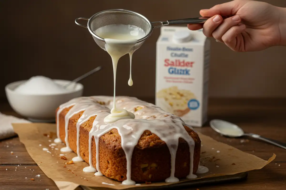 Hand drizzling glaze onto Country Apple Fritter Bread.