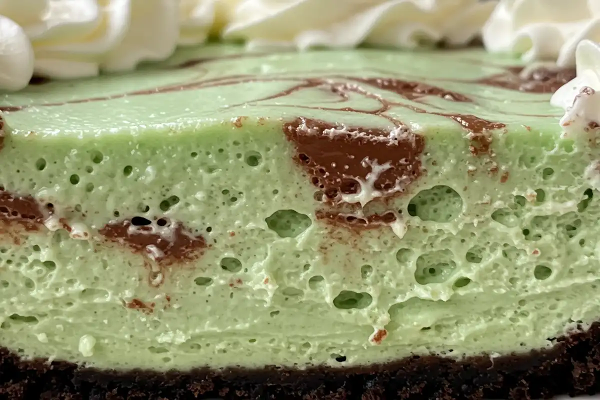 Macro view of Aero Mint Chocolate Cheesecake slice showcasing bubbly green mint filling and chocolate swirl.