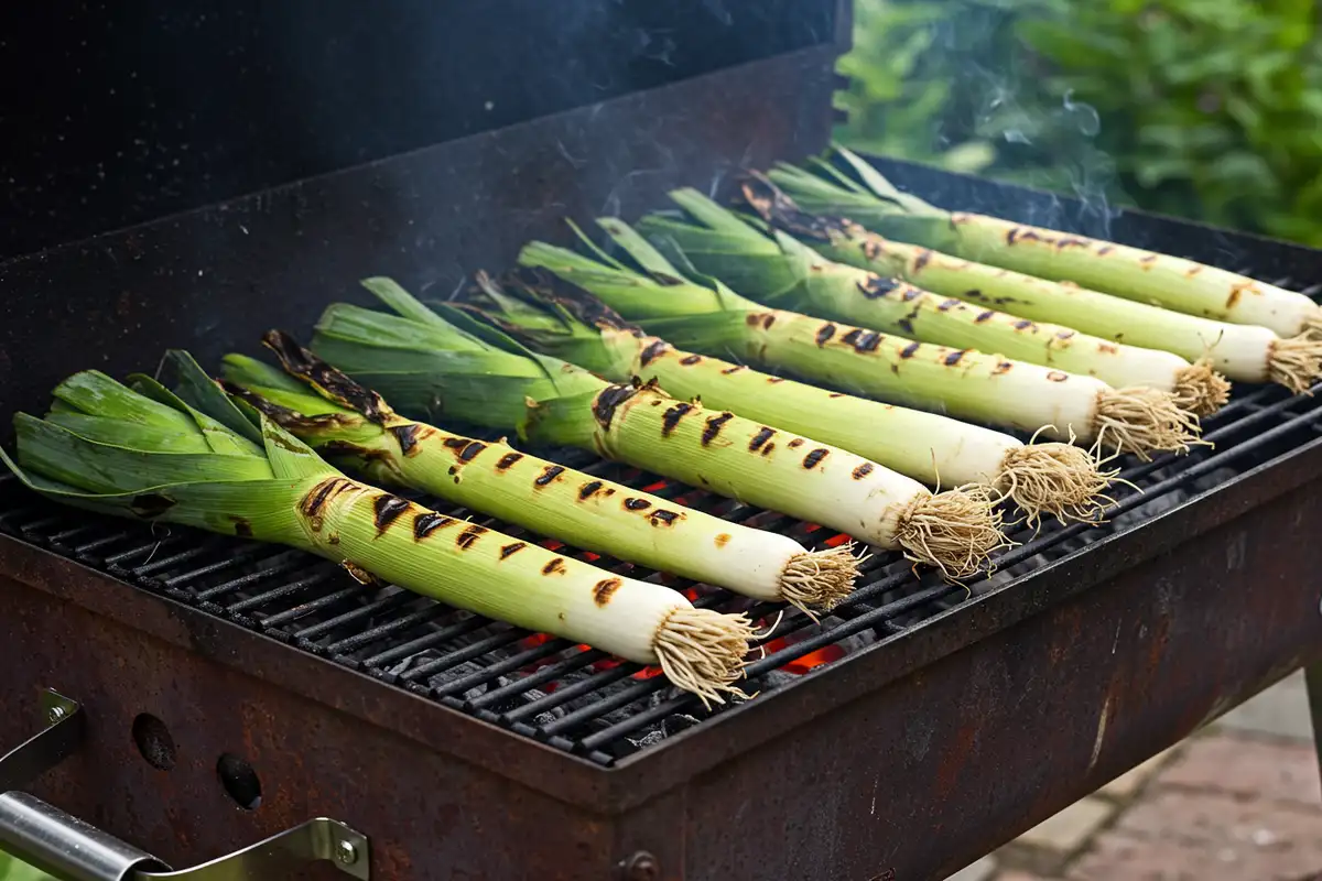 Whole leeks grilling on a rustic charcoal grill.