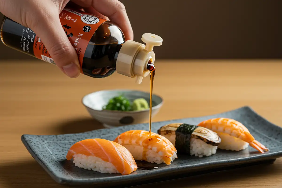 Pouring soy sauce: Reminding viewers to be mindful of sodium intake when eating Japanese food, touching the surface of "Is Japanese food healthy or unhealthy?