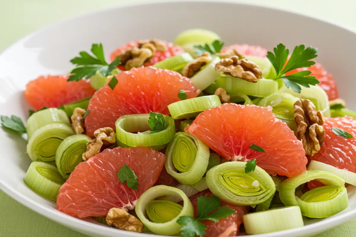A creative salad of leeks with grapefruit and walnuts