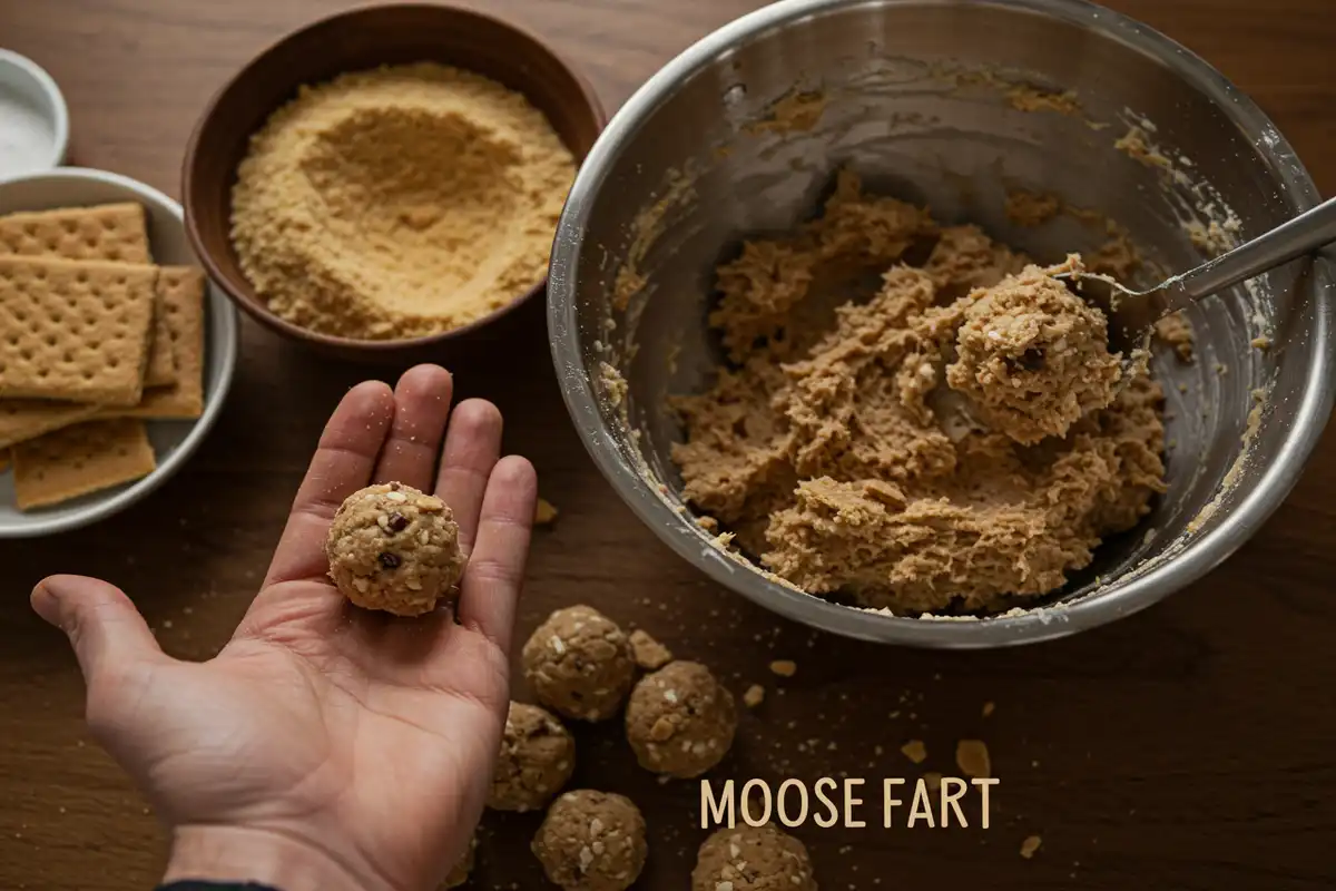 Hands rolling Moose Farts candy balls in graham cracker crumbs.